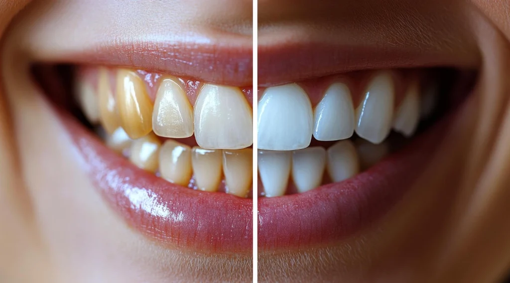 Una simulazione di denti prima e dopo lo sbiancamento: a sinistra abbiamo dei denti prima dell'intervento professionale, a destra invece il risultato.