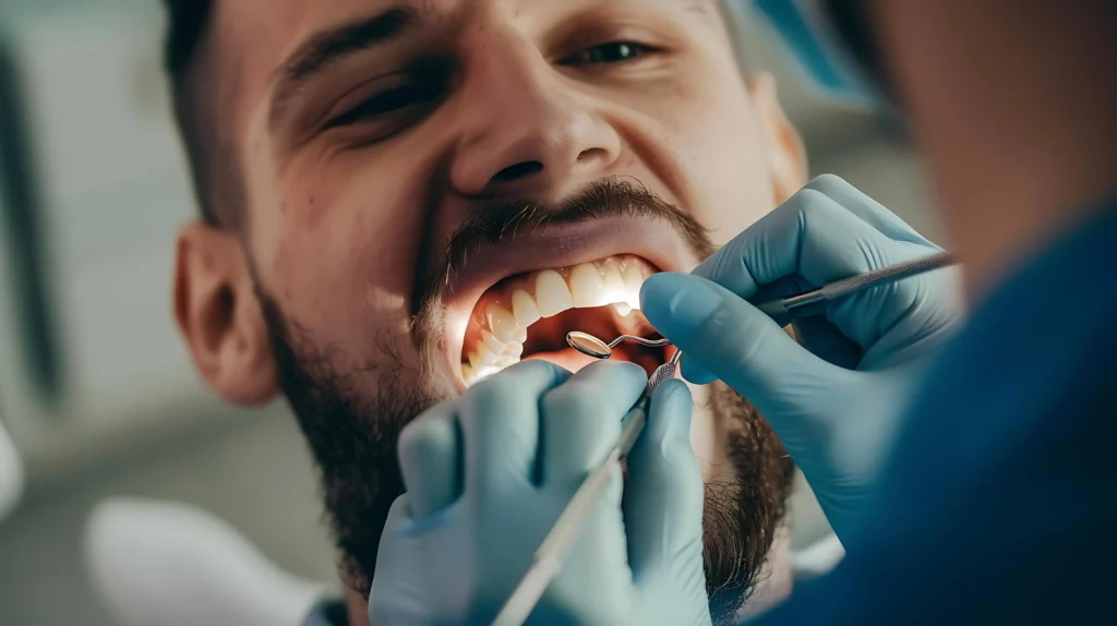 Un uomo che si sta facendo controllare i denti da un dentista.