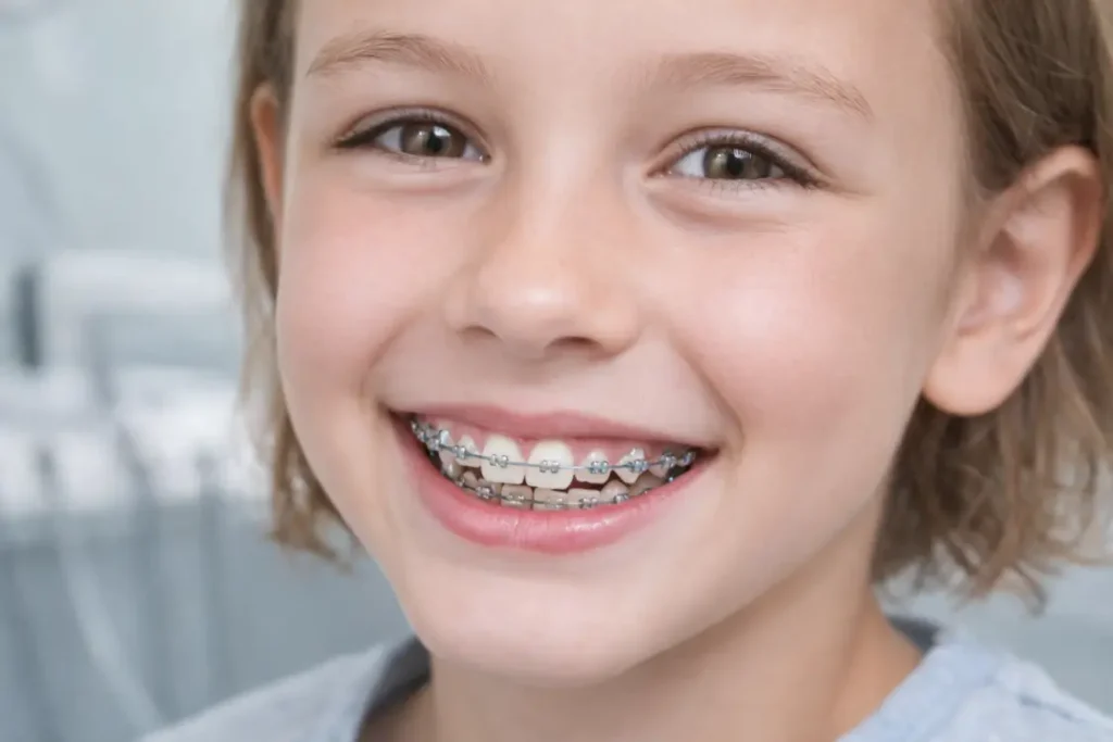 bambina con apparecchio denti sorriso