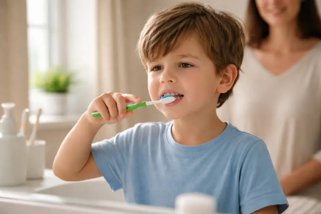 bambino che lava i denti a casa con spazzolino per prevenire sensibilità dentale