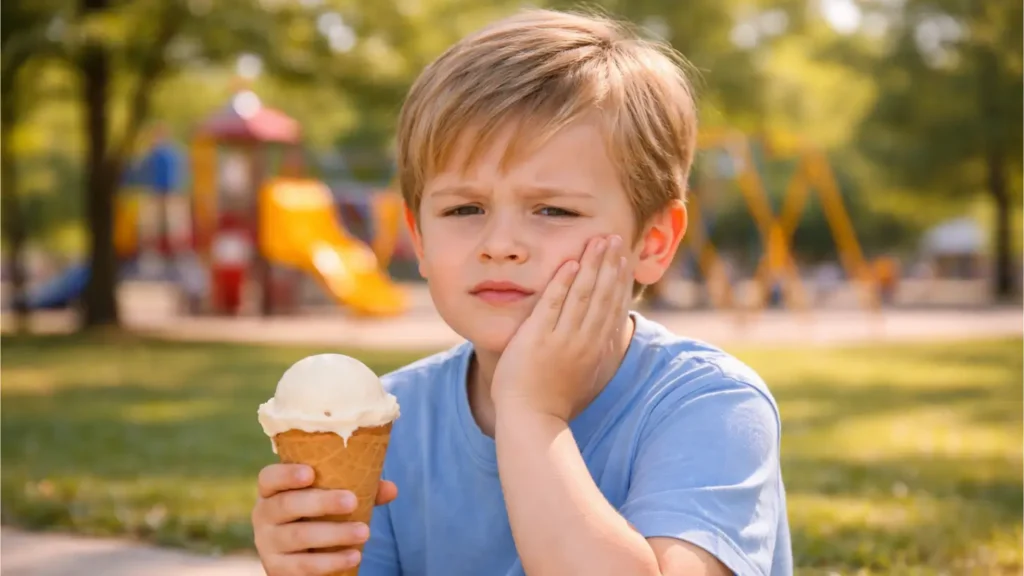 bambino con denti sensibili al freddo mentre mangia un gelato e prova fastidio