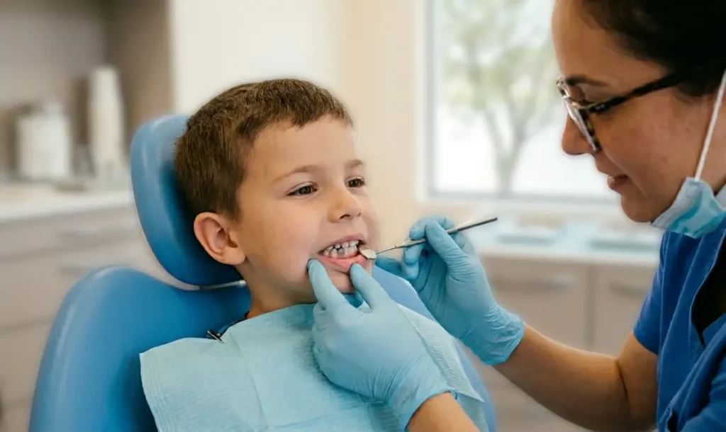 Dentista pediatrica controlla un dente da latte scuro in un bambino in studio odontoiatrico