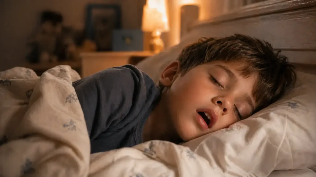Bambino che dorme con la bocca aperta, segnale di respirazione orale abituale che può influenzare la postura nel tempo