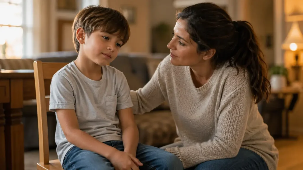 Bambino seduto con postura asimmetrica e testa inclinata, osservato dalla madre preoccupata – relazione tra denti e postura nei bambini