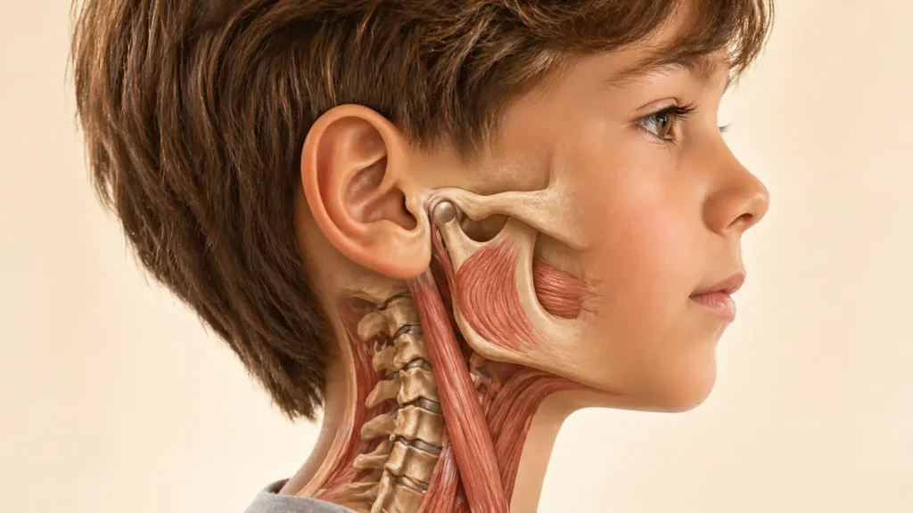 rofilo anatomico di un bambino che mostra la connessione tra articolazione temporo-mandibolare, muscoli cervicali e colonna vertebrale