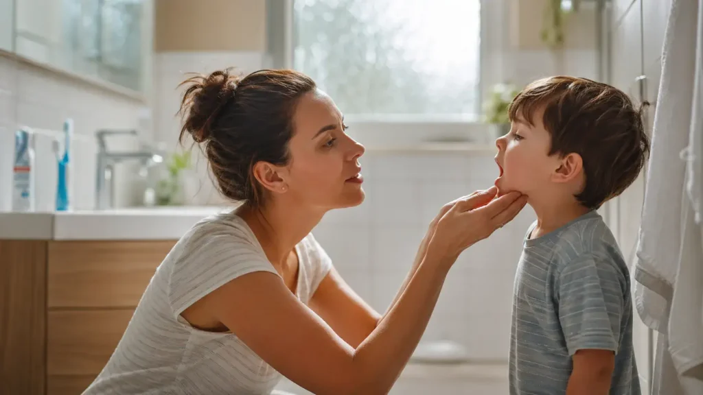Madre controlla la bocca del suo bambino durante la routine di igiene orale mattutina