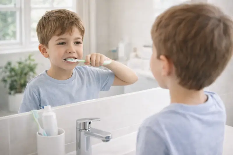 bambino che lava i denti per prevenire problemi gengivali