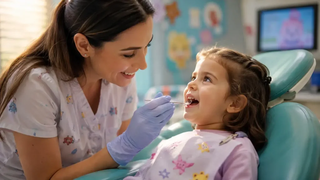 Dentista pediatrica visita la bocca di un bambino per valutare la stomatite