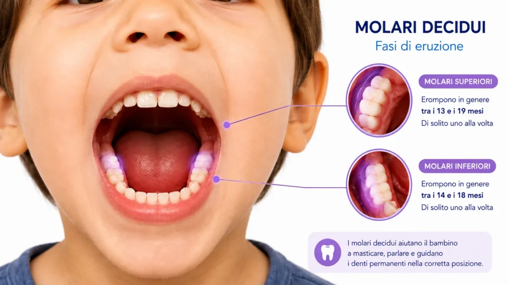 Illustrazione dell'eruzione dei molari da latte nei bambini con le fasi della dentizione decidua