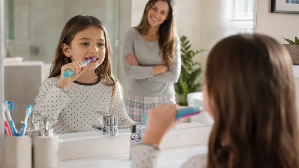 Bambina che si lava i denti da sola davanti allo specchio con la supervisione della mamma