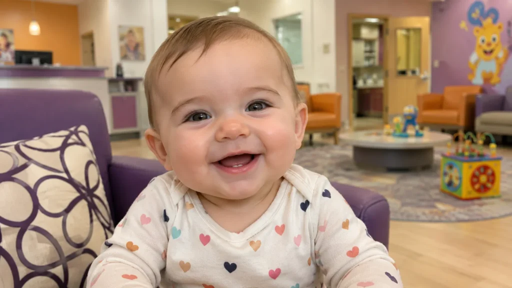 Lattante di circa 7 mesi che sorride mostrando il primo dentino inferiore appena erotto