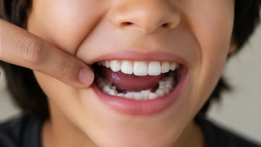 bambino di 8 anni con la bocca aperta che mostra i denti disallineati