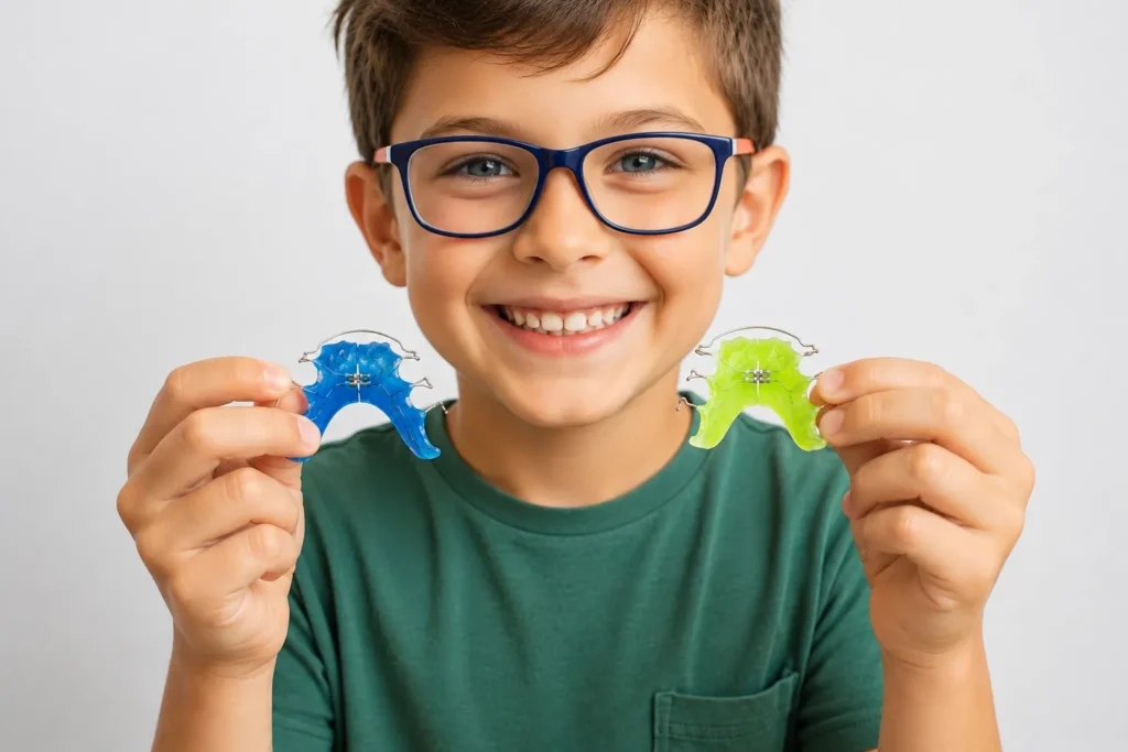 Bambino sorridente con due espansori palatali mobili colorati, blu e verde