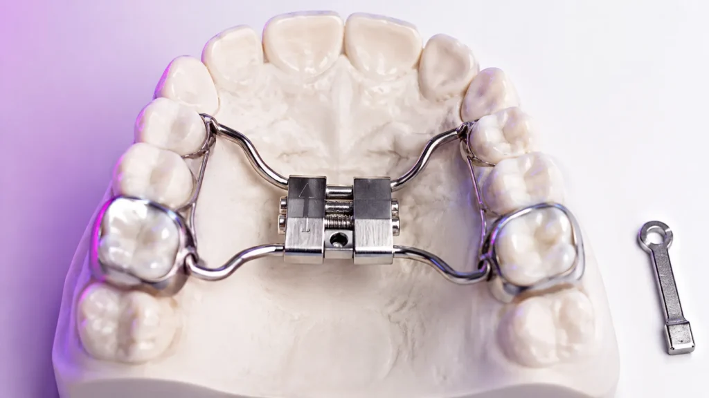 Espansore palatale fisso su modello dentale con vite di espansione e chiavetta