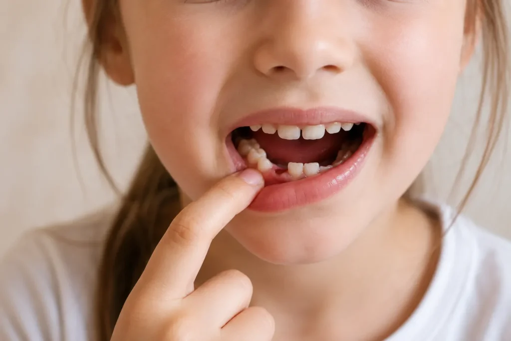 Spazio lasciato da dente da latte caduto con il dente permanente che non spunta ancora, bambino