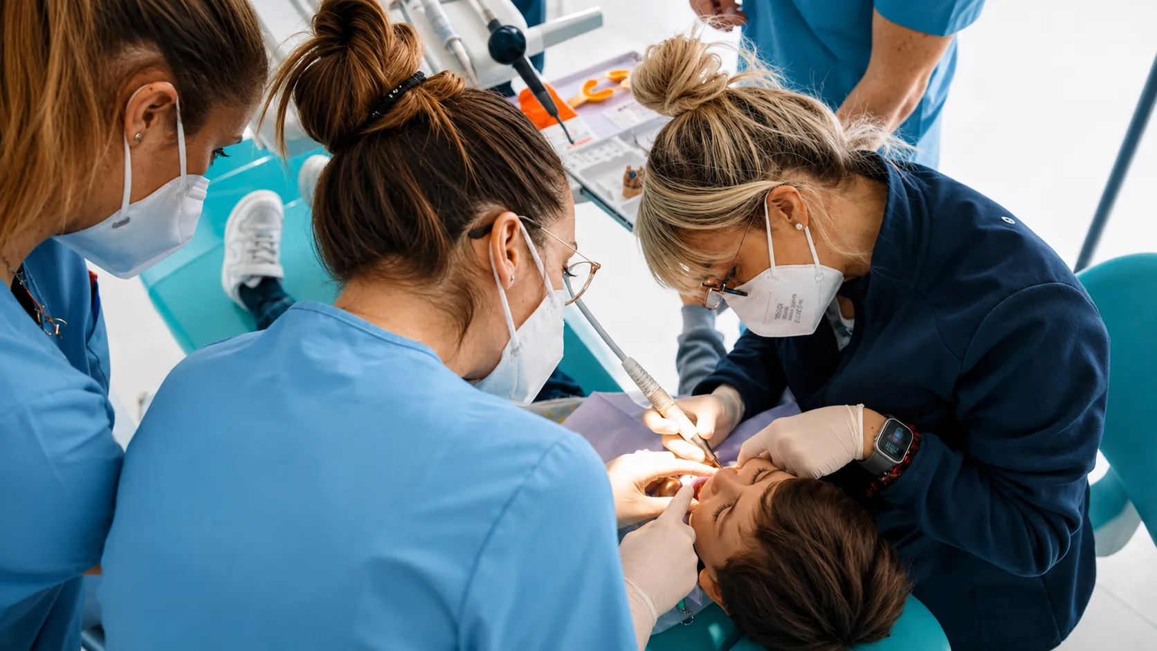 il mio impegno per la comunita (1) La Dott.ssa Alice Cutrera e il suo team durante la rimozione del tartaro su un bambino nello studio dentistico di Vittoria e Gela