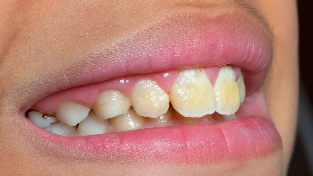 Deposito di tartaro giallastro sui denti da latte di un bambino, visibile lungo il margine gengivale degli incisivi superiori